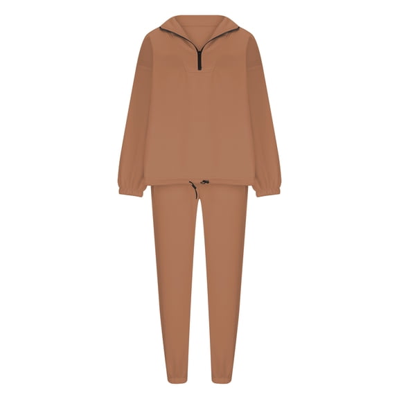YUGYXL Womens Sweatsuit 2 Piece Outfits Fall Winter Fleece Half Zip Sweatshirts and Sweatpants Joggers Set Brown M