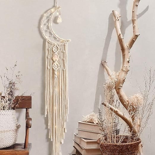 Macrame Woven Wall Hanging Moon Dream Catcher- Boho Chic Bohemian Home Decor Wall Art Decor - Beautiful Apartment Dorm Room Door Decoration