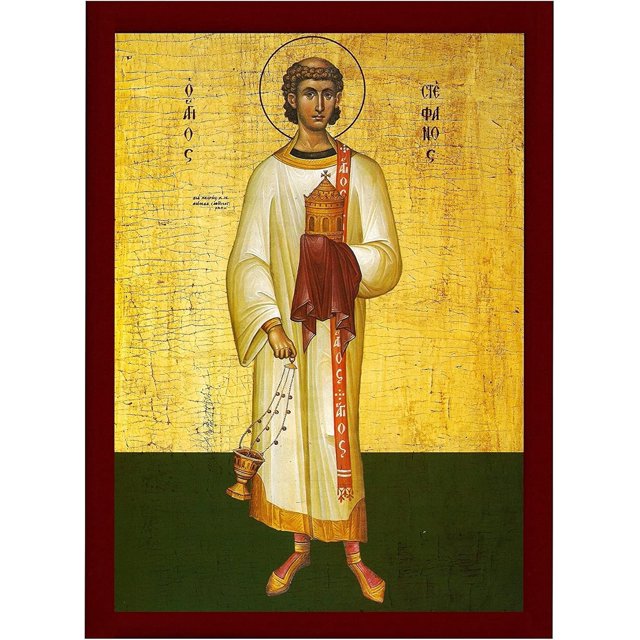 Byzantine Modern Religious Icon, Saint Stephen The Apostle, Handmade Greek Orthodox, Lithography on Wood Plaque, 5.9L" x 4.3W"