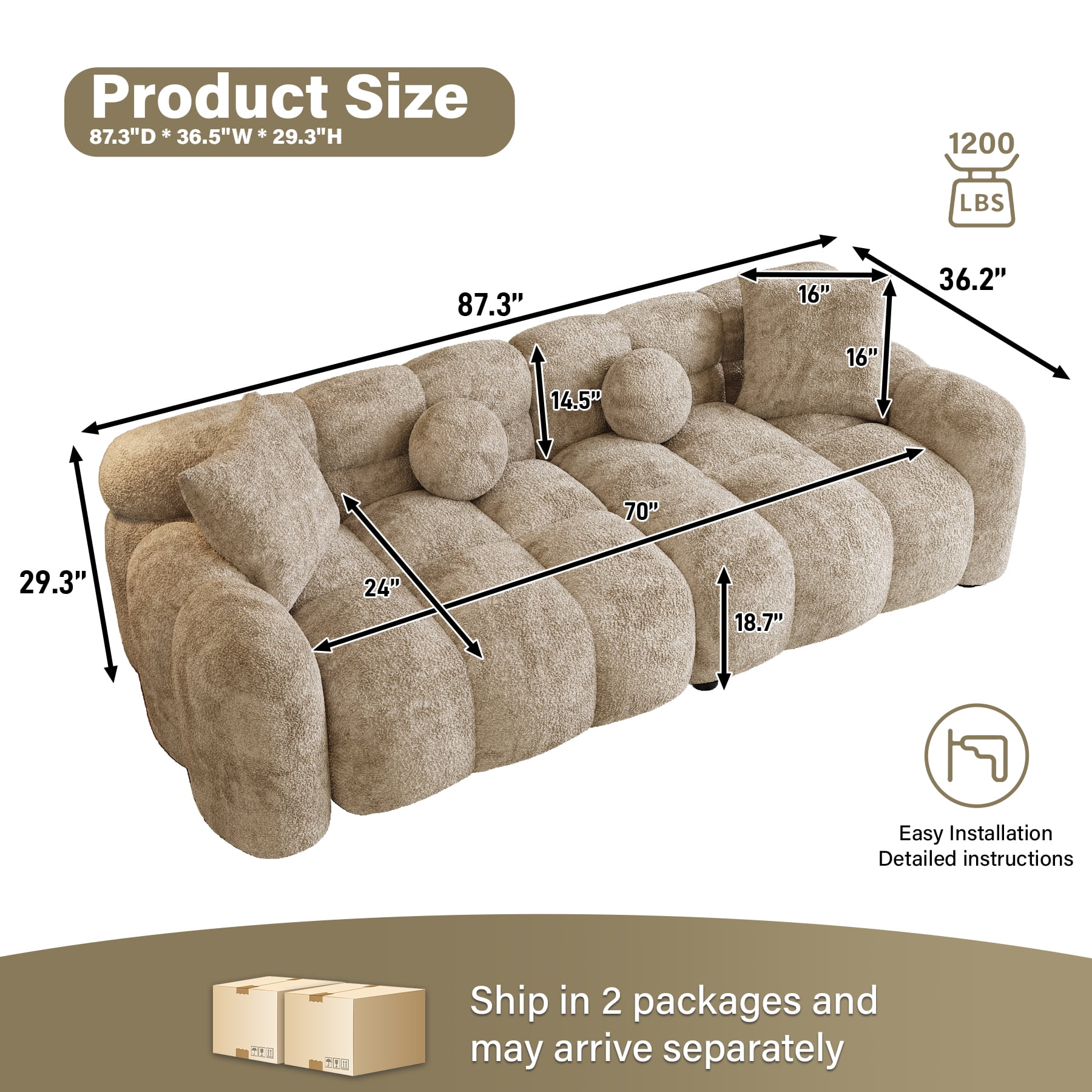 Wiilayok 87.3" Modern Tufted Upholstered Fluffy Chenille 3 Seater Sofa with 4 Pillows，Comfy Sherpa Deep Seat Cloud Couch, Small Love Seat for Living Room Apartment, Light Brown