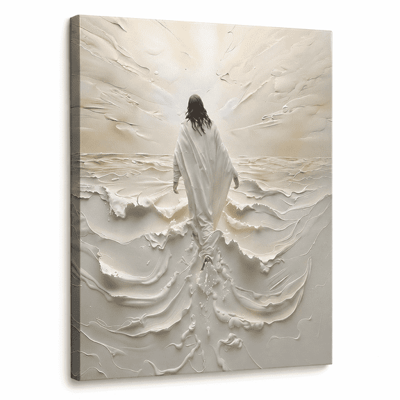 Abstract Jesus Walking on Water Canvas Wall Art Christian Spiritual Wall Decor Pictures Divine Light Modern Religious Posters Prints for Living Room Bedroom Church Decoration 16x20inch