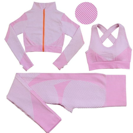 

Seamless Zipper Striped Fitness Suit Women s Autumn And Winter Sports Pants Long Sleeve Bra Three-Piece Yoga Suit