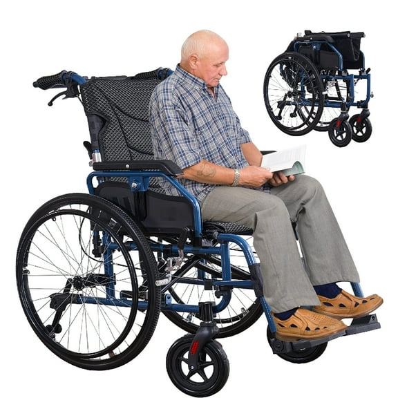 Aluminum Lightweight Wheelchair with Handbrakes, Foldable Manual Wheelchair for Adults, Adjust Armrest Wheelchair with Anti-Tipping Device, 24in Wheels, Carrying Capacity 300lbs