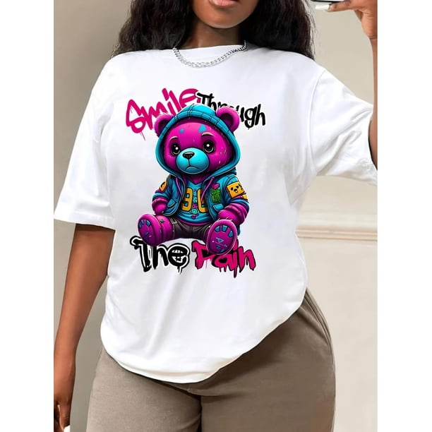 Casual Anime Bear Print T-Shirt Women's Summer Crew Neck Top, Blend , Breathable, Regular Fit Short Sleeve Tee Tee For Adult, Men, Women, Teen, Teenager, Adolescent, Youth