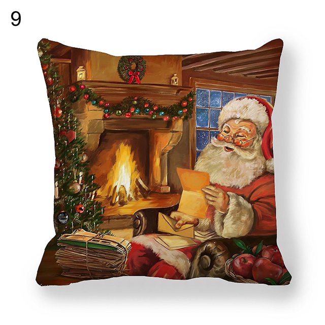 Funda de almohada con patrón de tema navideño, funda de almohada cuadrada de poliéster con piel de melocotón de Papá Noel y muñeco de nieve para el hogar