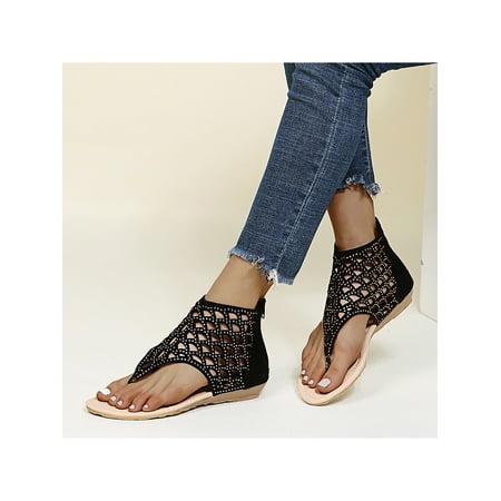 

SIMANLAN Womens Flip Flops Zip Up Flat Sandal Bohemian Thong Sandals Ladies Comfortable Shoes Women Summer Beach Black 6