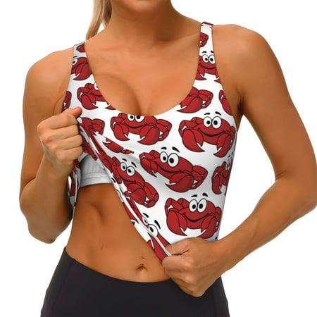 Qokaie Cute Red Crab Pattern Womens Scoop Neck Sports Bra Breathable Workout Vest Padded U Back Medium Impact Fitness Gym Yoga Bra Workout Crop Top