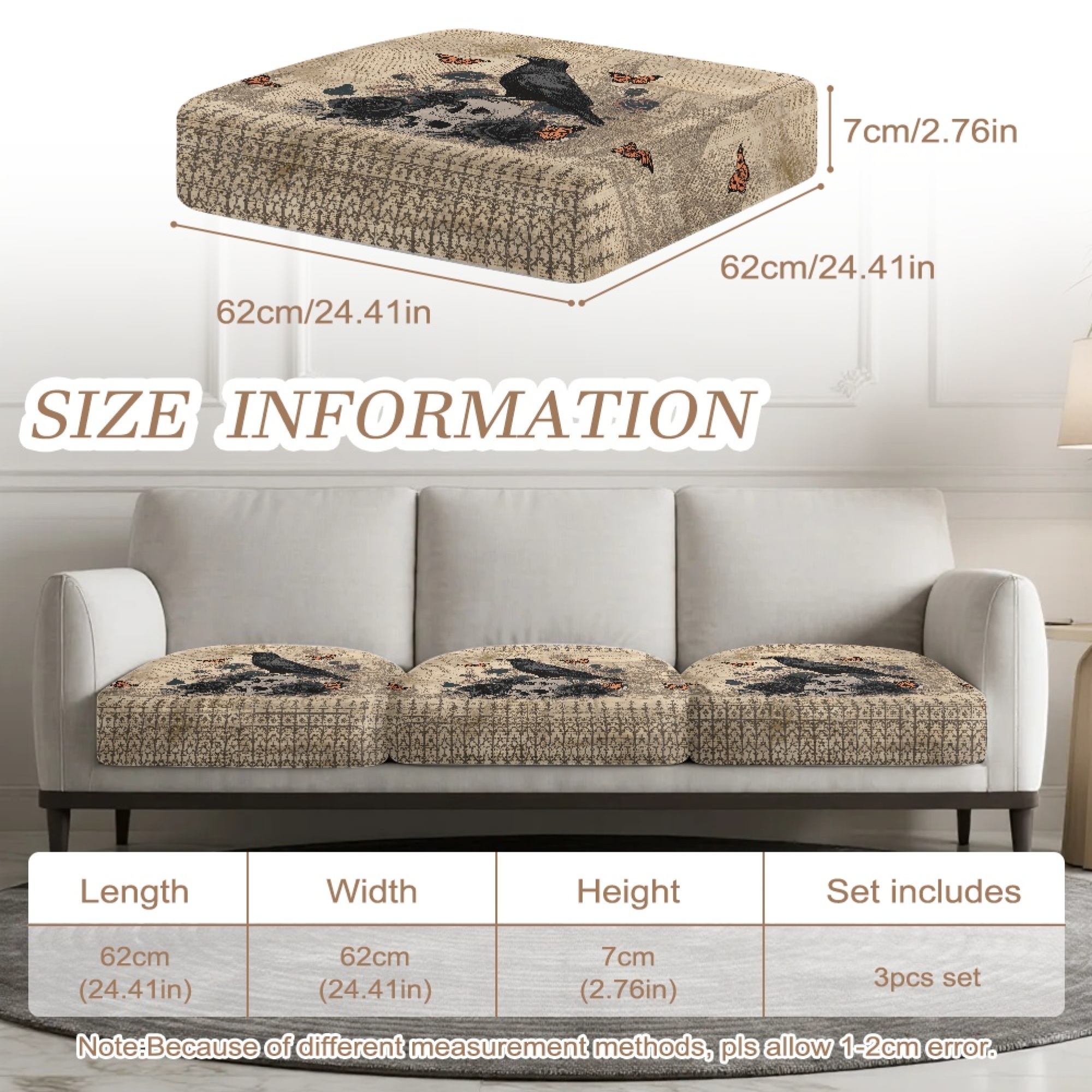 TSOVTHRID Crow Rose Skull Vintage Print Sofa Cushion Cover, Couch Covers Sofa Seat Covers with Elastic Bottom Washable Couch Seat Covers for Cushion Couches Furniture Slipcovers, 24x24 Inch