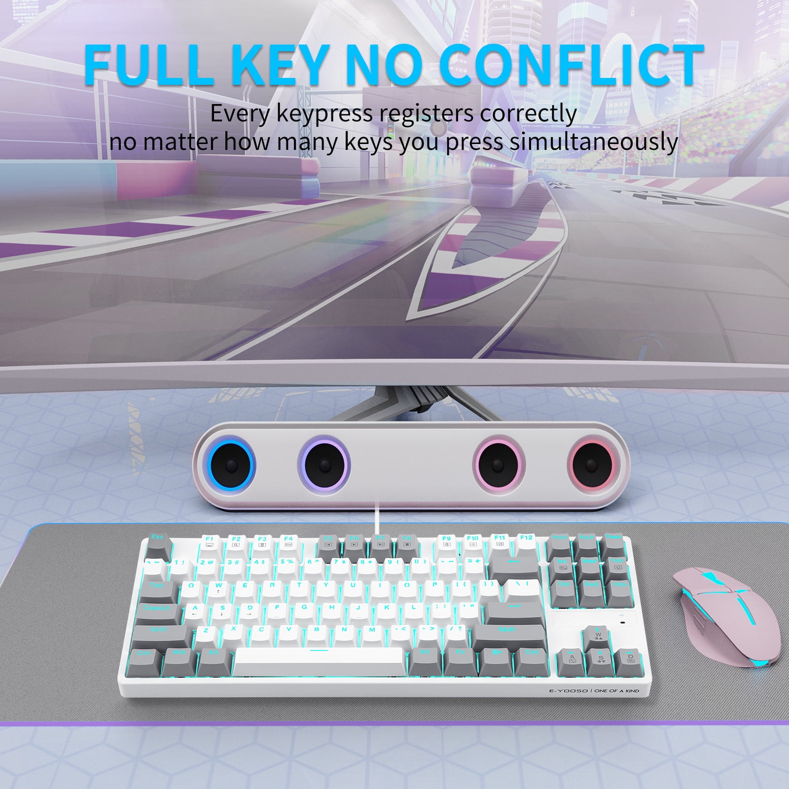 80% Mechanical Gaming Keyboard with Red Switch, E-YOOSO LED Blue Backlit Keyboard, 87 Keys Compact TKL Wired Computer Keyboard for Windows Laptop PC Gamer - White/Grey