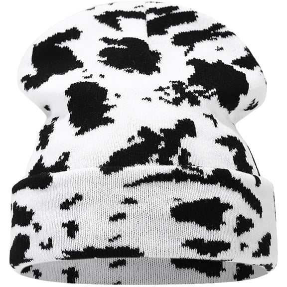 Kukuzhu Women's Cow Print Beanie Men's Cuffed Knit Hat Winter Warm Beanie Caps