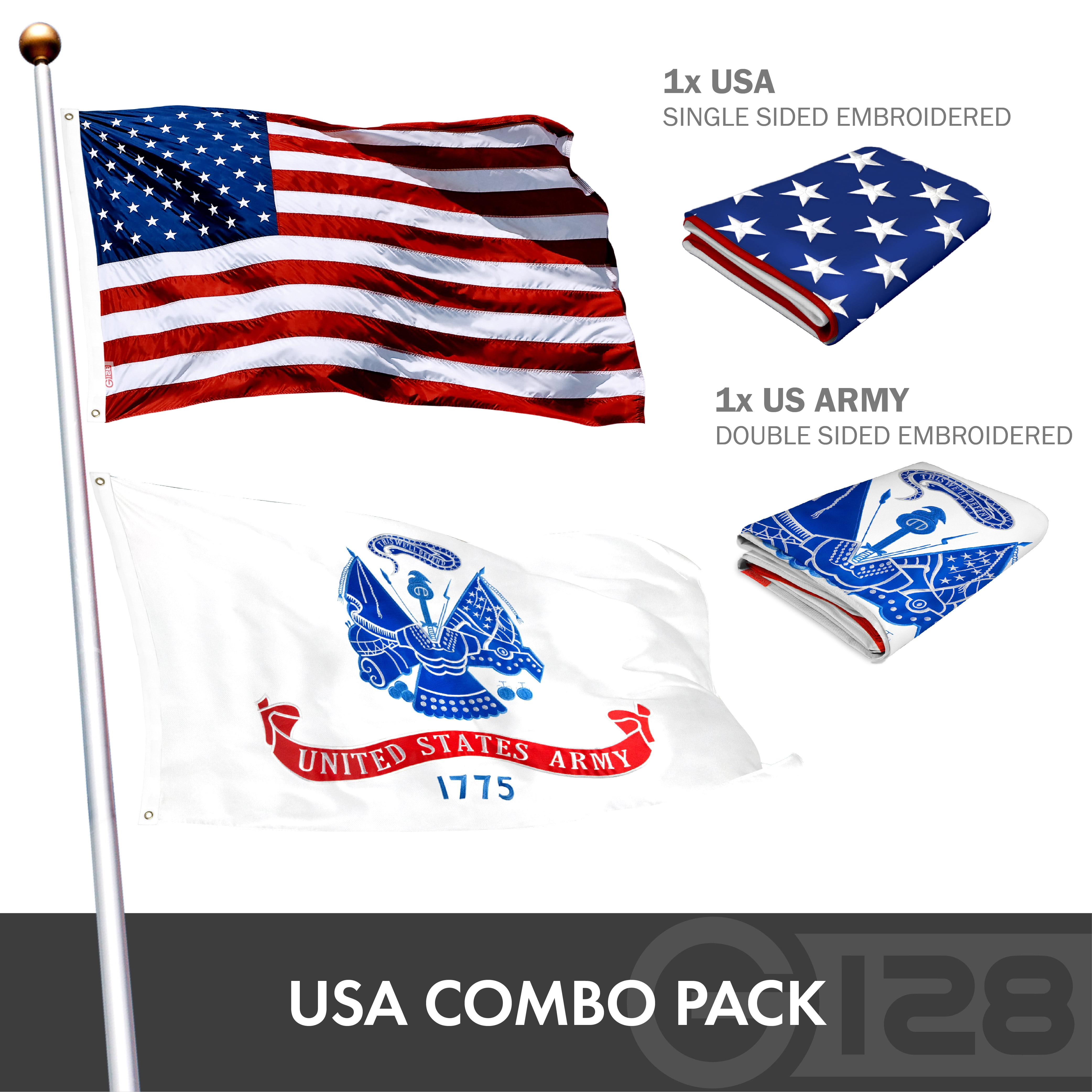 G128 Wholesale Lot: 3x5 ft USA Embroidered Flag & 3x5 ft US Army Double-Sided Embroidered Flag
