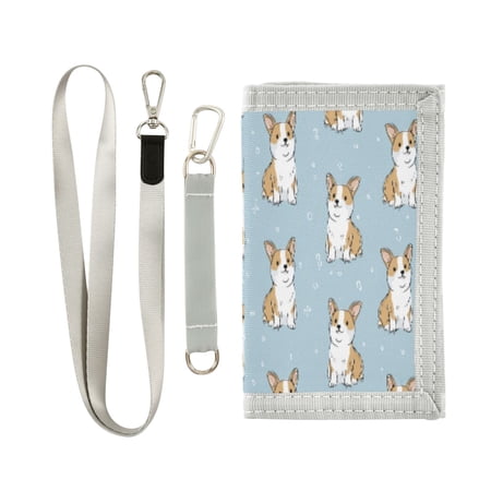 Cloth Wallet with Lanyard & Multiple Compartments Fashion Purse Zipper Clutch Bag for Cash Cards Coins Cute Little Dog Pattern