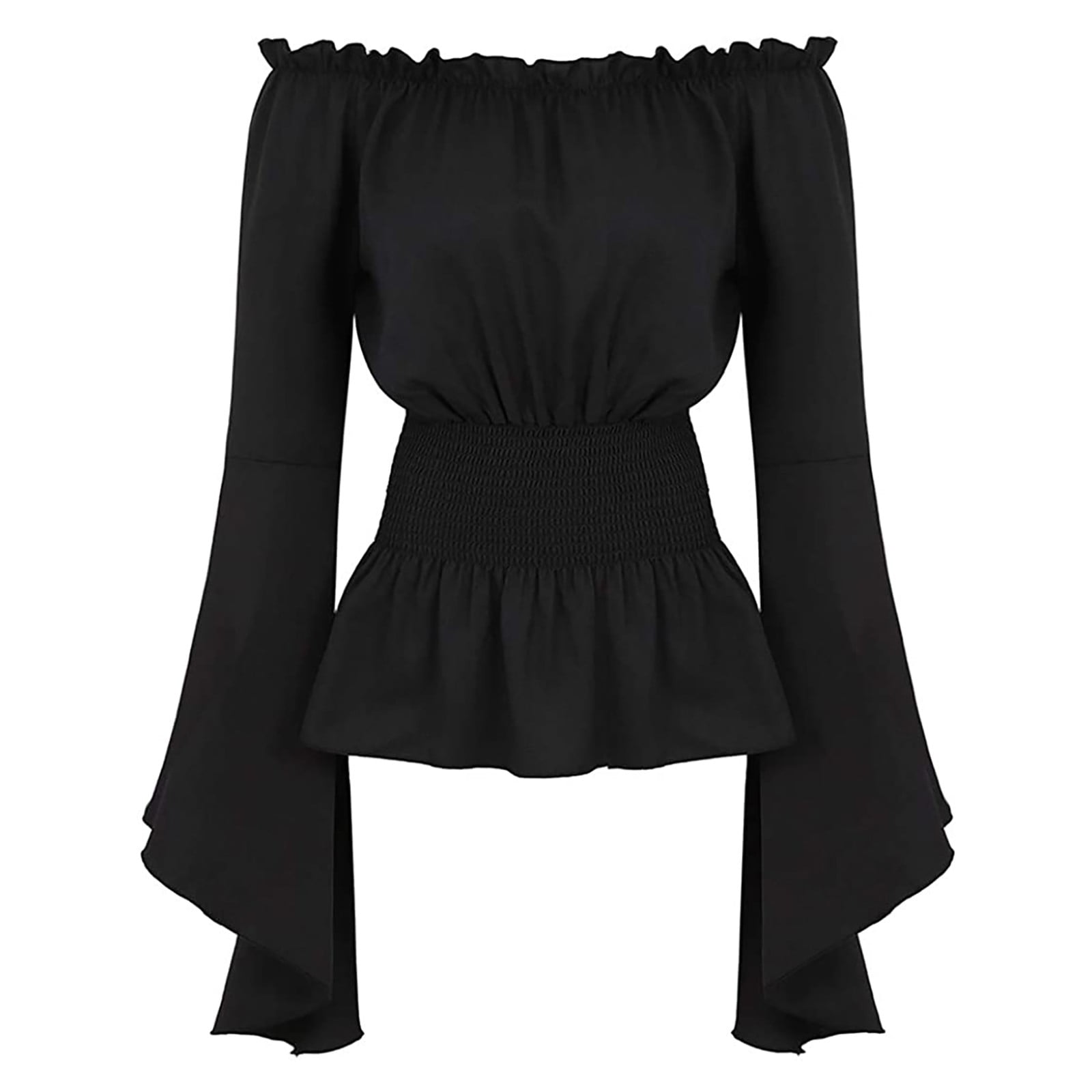Womens Gothic Renaissance Blouse Flare Sleeves Ruffles Off Shoulder Corset Tops Medieval Victorian Cosplay Costume Pirate Shirt Fashion Women Tops 