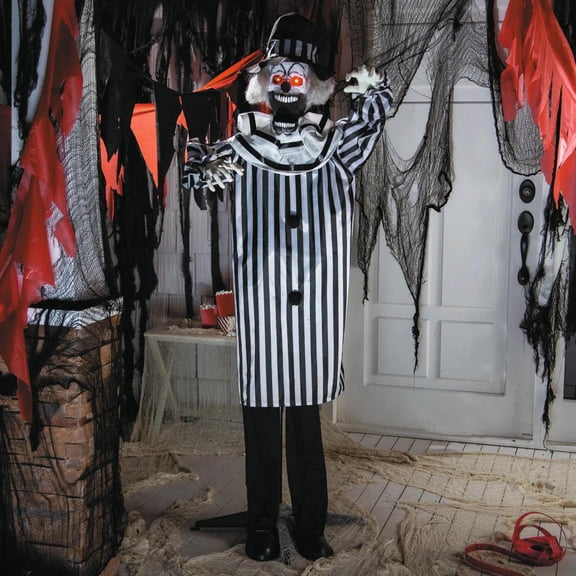 5 Ft. 6 3/4" Animated Standing Black & White Pop-Up Jaw Clown Halloween Decoration
