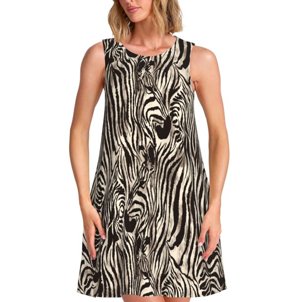 Fotbe Leopard And Zebra1 Vestido de Verano sin Mangas para Mujer – Vestido Midi Línea A, Estilo Camiseta Floral, Vestido Playero Casual y Fluido