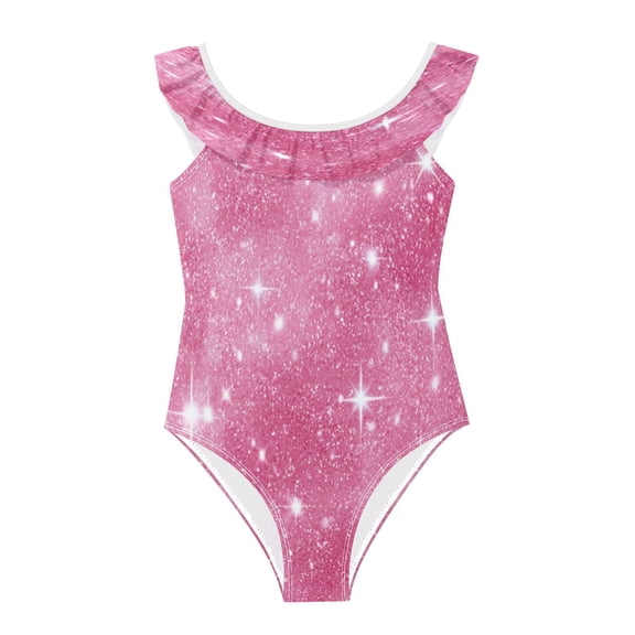 Girls Ruffled One Piece Swimsuit Summer Beach Vacation Swimwear Tank Swimsuit Pink Glitter Background