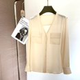 thumbnail image 5 of Camisa de oficina de alta calidad para mujer, otoño 2022, seda auténtica, 00%, cuello en V, bolsillos decorativos, camisas de manga larga, 5 of 5