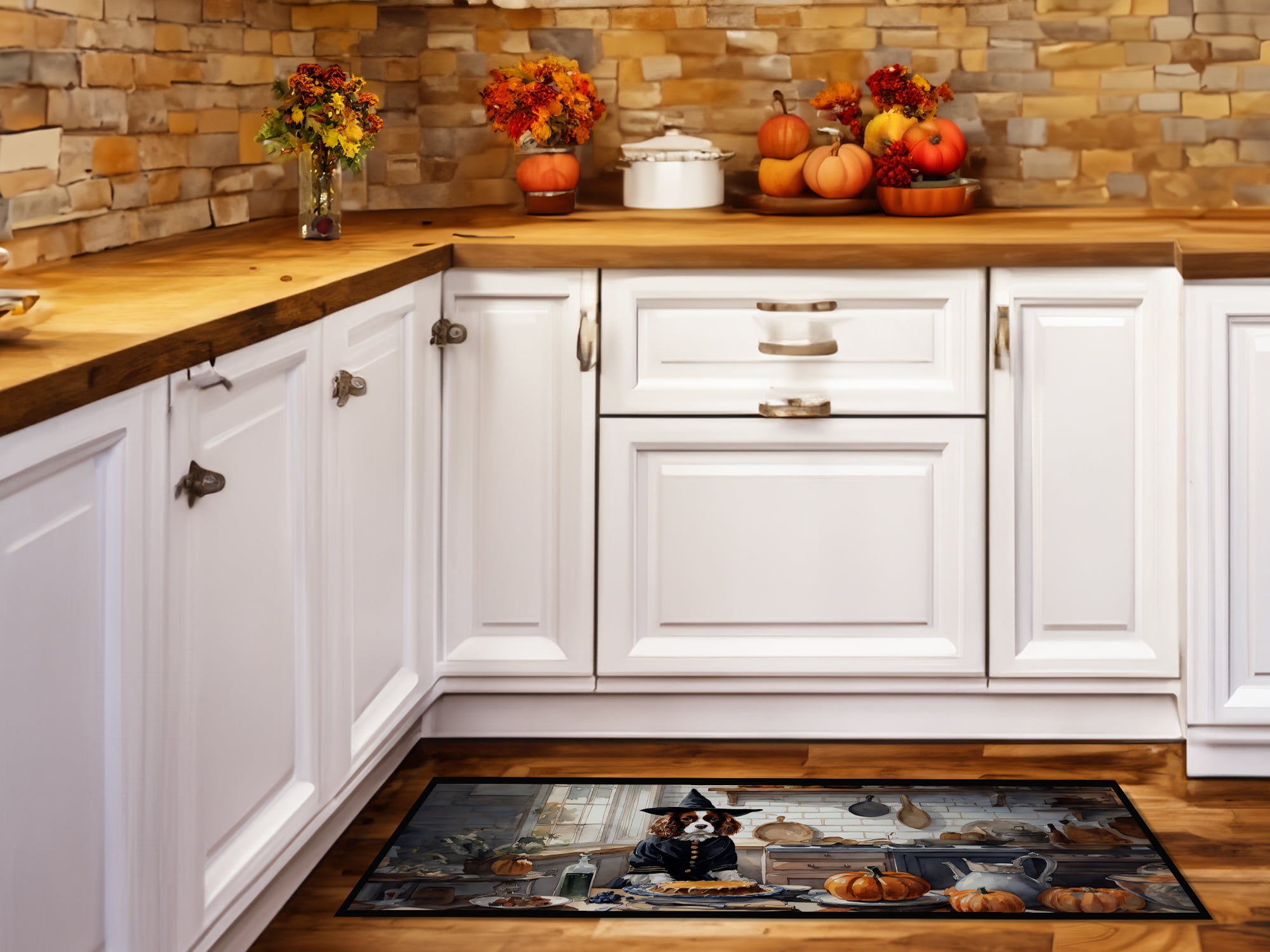 Caroline's Treasures Cavalier Spaniel Fall Kitchen Pumpkins Runner Mat 28x58 Front Door Mat Indoor Outdoor Rugs for Entryway Hallway Foyer Non Slip Washable Wide Doormat