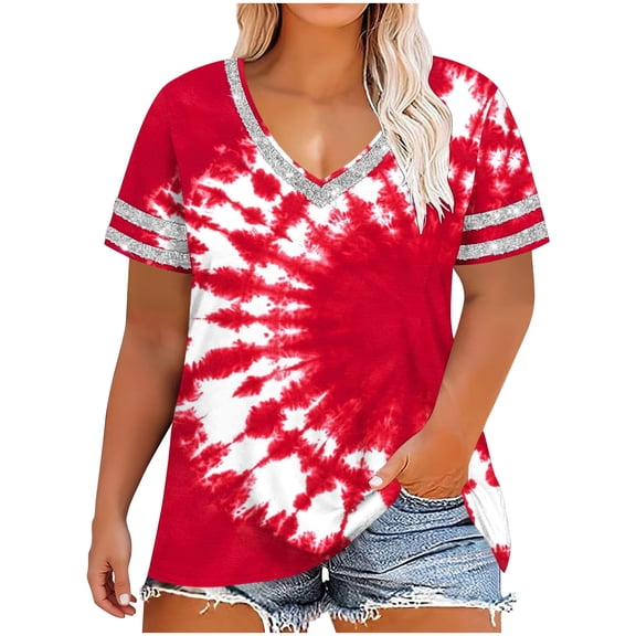 Qiopertar Plus Size V-Neck Short Sleeve T-Shirts for Women Oversized Casual Loose Fit Summer Graphic Print Tops Basic Comfy Tees, Red L