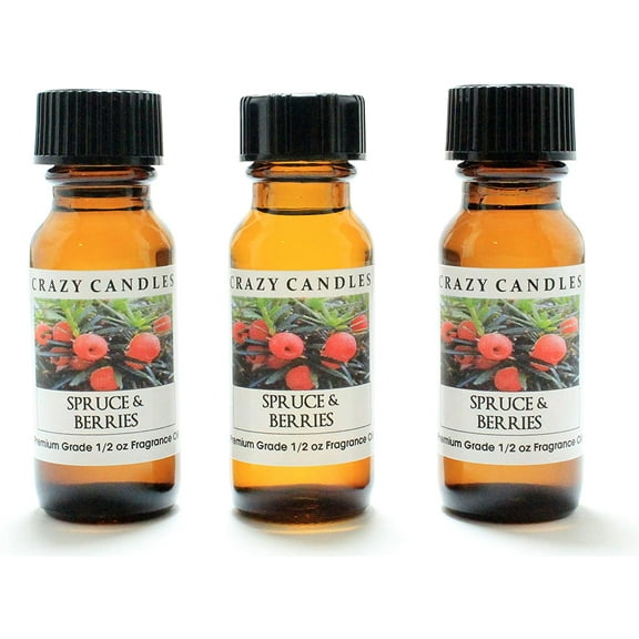 Crazy Candles Spruce & Berries 3 Bottles 1/2 Fl Oz Each (15ml) Premium Grade Scented Fragrance Oil (Spruce Trees, Raspberries, Cedar, Pine Needles and Tangy Orange)