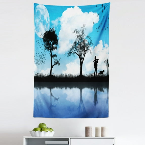 Nature Tapestry, Man with the Dog Walking by the Lake with Tree Reflection Moon Sky Print, Fabric Wall Hanging Decor for Bedroom Living Room Dorm, 5 Sizes, Sky Blue Black White, by Ambesonne