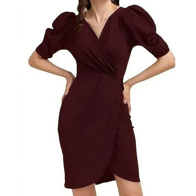 Women's Puff Sleeve V-Neck Bodycon Casual Mini Dress