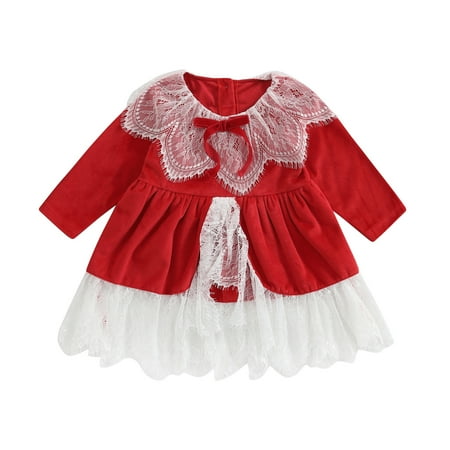 

Calsunbaby Kids Baby Girls Velvet Princess Dress Long Sleeve Round Neck Lace Patchwork A-line Dress Christmas Red 6-7 Years