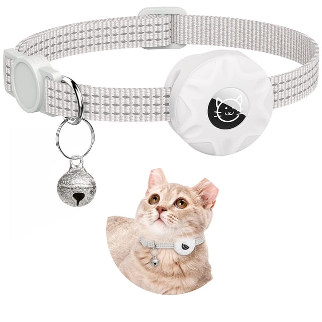 Collier pour Chat Réfléchissant Ajustable avec Support AirTag - Boucle de Sécurité, Clochette Détachable, Matériau en Nylon pour Chats/chatons, Tour de Cou 20-33 cm, Blanc - Étui de Traqueur GPS Sécurisé pour la Visibilité Nocturne et les Animaux