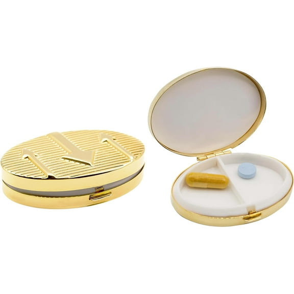 Set of 2 Oval-Shaped Pocket Purse Pill Box & Organizer With Dual Compartments (Silver Classic)