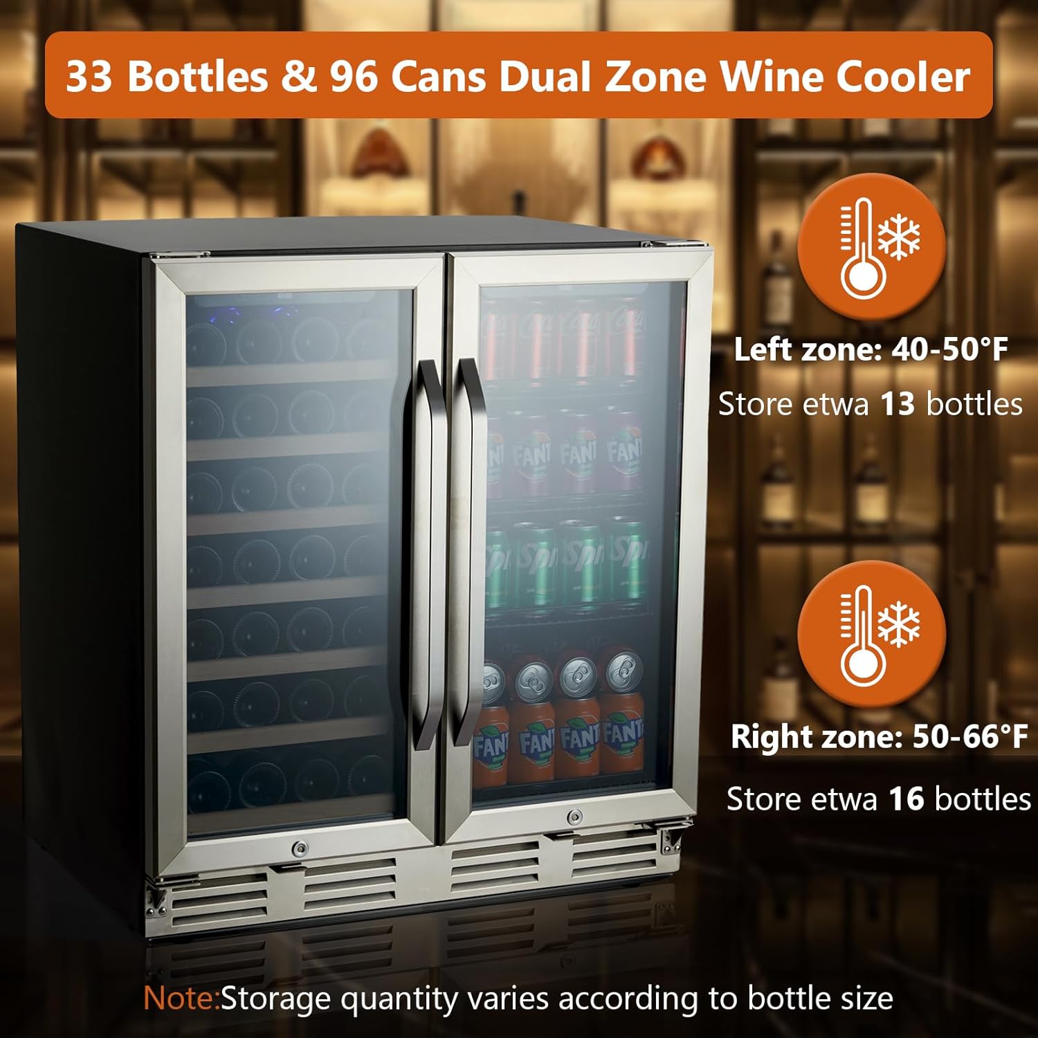 Towallmark Wine and Beverage Refrigerator, 30 inch Wine Fridge Dual Zone Hold 33 Bottles and 96 Cans, Digital Touch Control, Built-In or Freestanding