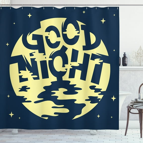Sleep Shower Curtain, Night Message with Moon and Stars on Abstract Background, Fabric Bathroom Set with Hooks, 69W X 70L Inches, Teal and Pale Yellow, by Ambesonne