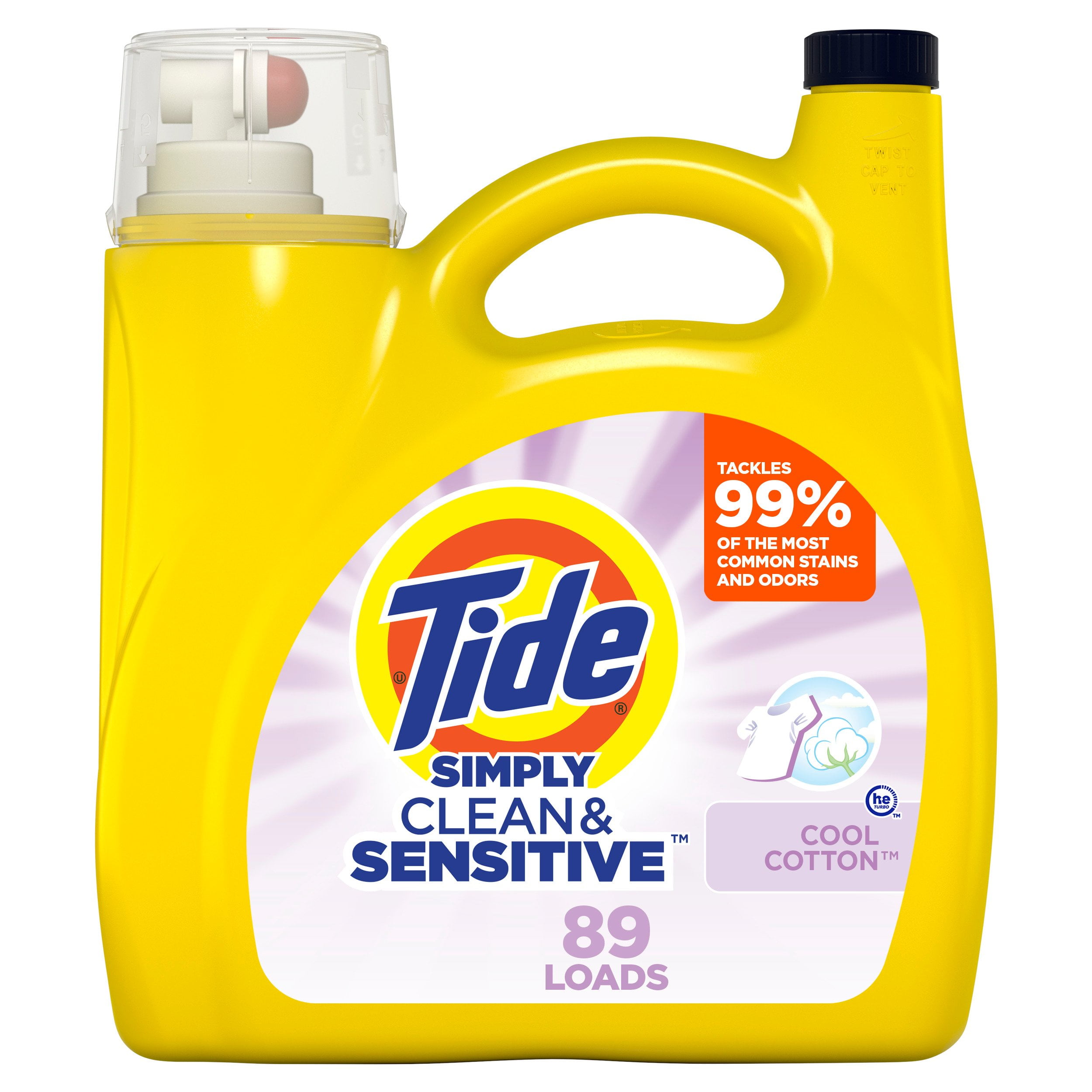 Tide Simply Laundry Detergent Liquid, Clean & Sensitive, Cool Cotton, 117 fl oz, 89 Loads
