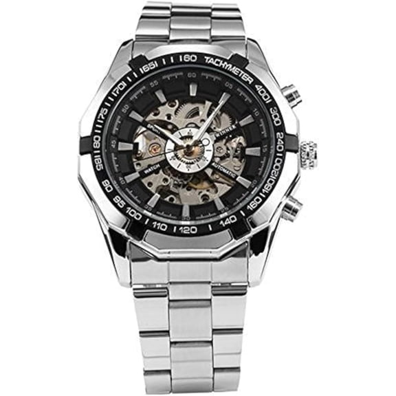 Russian Skeleton Black Dial Silver Stainless Steel Luxury Men's Automatic Mechancial Wrist Watch