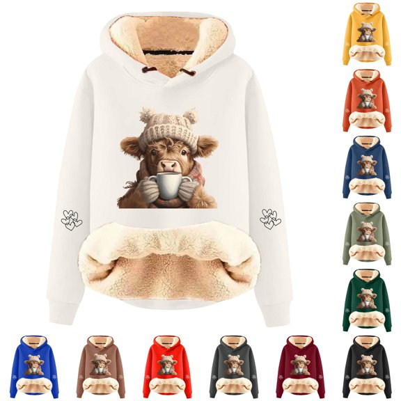 SONXAHE Women's Lined Highland Cow Graphic Hoodie Soft Daily Hoodies Cold Weather Hooded Sweatshirt