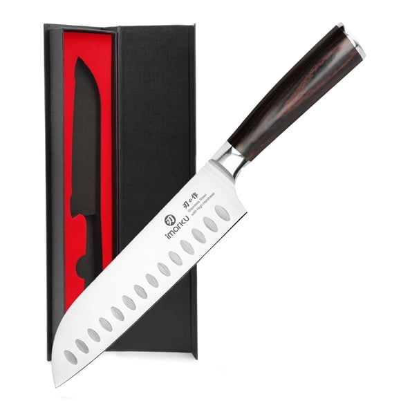imarku Couteau Santoku 7 Pouces, Couteau de Chef Japonais en Acier à Haute Teneur en Carbone avec Bord Ajouré, Manche Ergonomique en Pakkawood, Couteau de Cuisine Tranchant pour Trancher, Couper en dés, Hacher la Viande, les Légumes et les Fruits