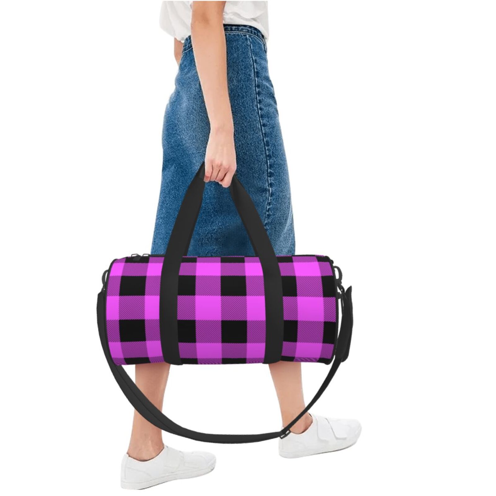 Vsdgher Purple Black Buffalo Plaid 45L Foldable Duffel Bag, Sports Gym Bag,Overnight Bag, Portable Weekender Bag for Airplanes