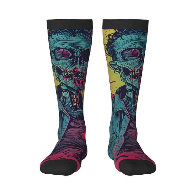 Fotbe Neon Zombie Skull Calcetas Divertidas Estampadas para Hombre y Mujer, Calcetas de Algodón hasta la Rodilla para Caminar, Correr, Enfermería y Embarazo