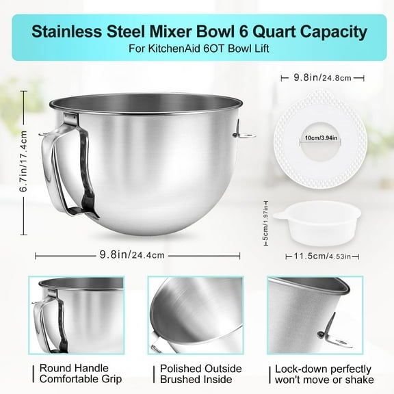 6 QT Stainless Steel Mixer Bowl & K256WW Whisk for 5.5-6 Quart Bowl-Lift Stand Mixer Replacement