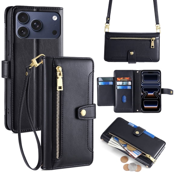 Dteck Magnetic Wallet Bag Case for iPhone 17 Pro,Shockproof Leather Zipper Wallet Case Kickstand Cover with Shoulder Strap/Wrist Strap for iPhone 17 Pro,Black