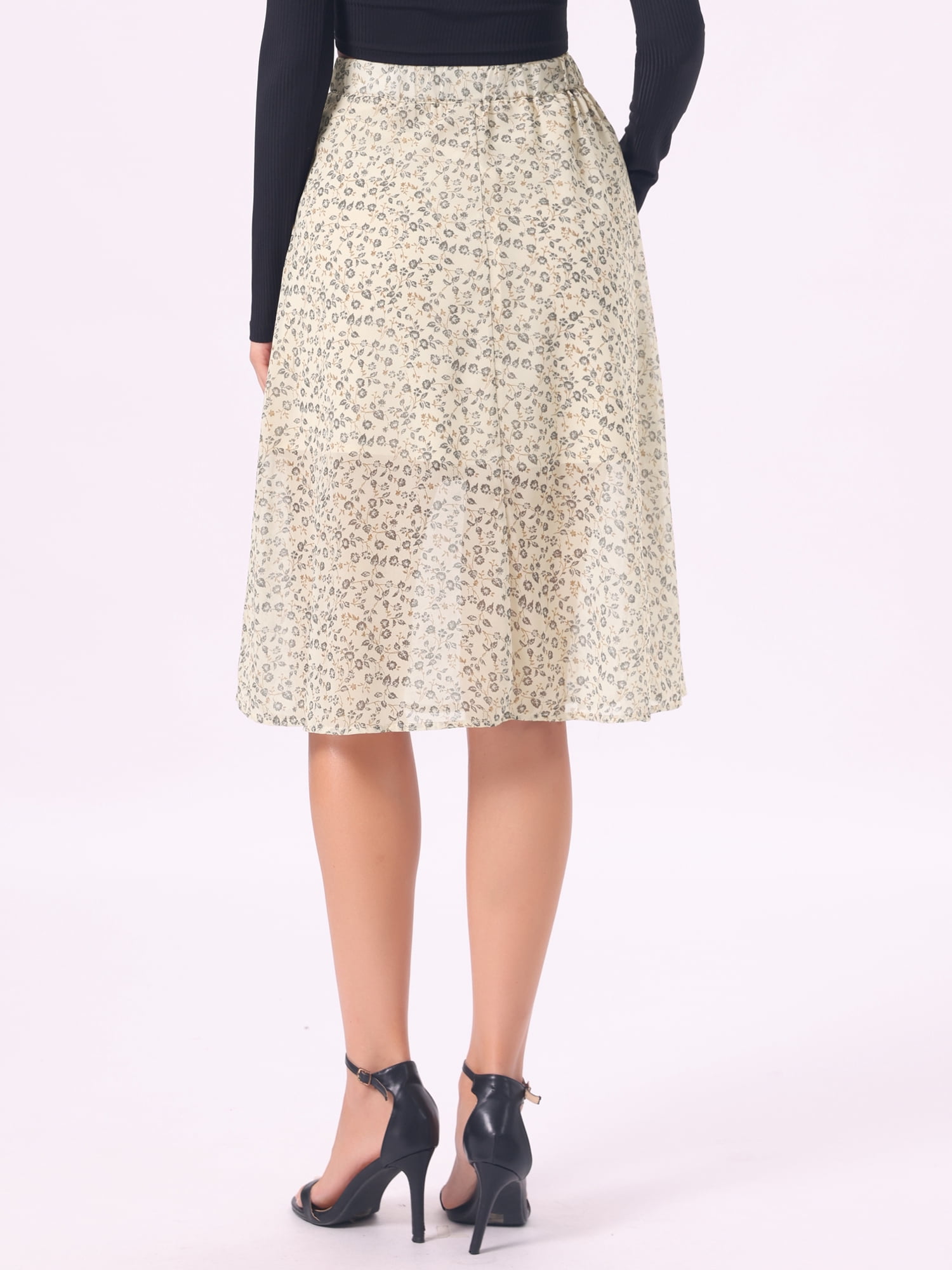 DARING DIVA Women's Floral Midi A-Line Chiffon High Waisted Skirt M Apricot Gray