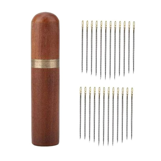 Estuche de madera para agujas con 24 agujas autoenhebrables para guardar artículos hechos a mano. Brown_Golden agujas