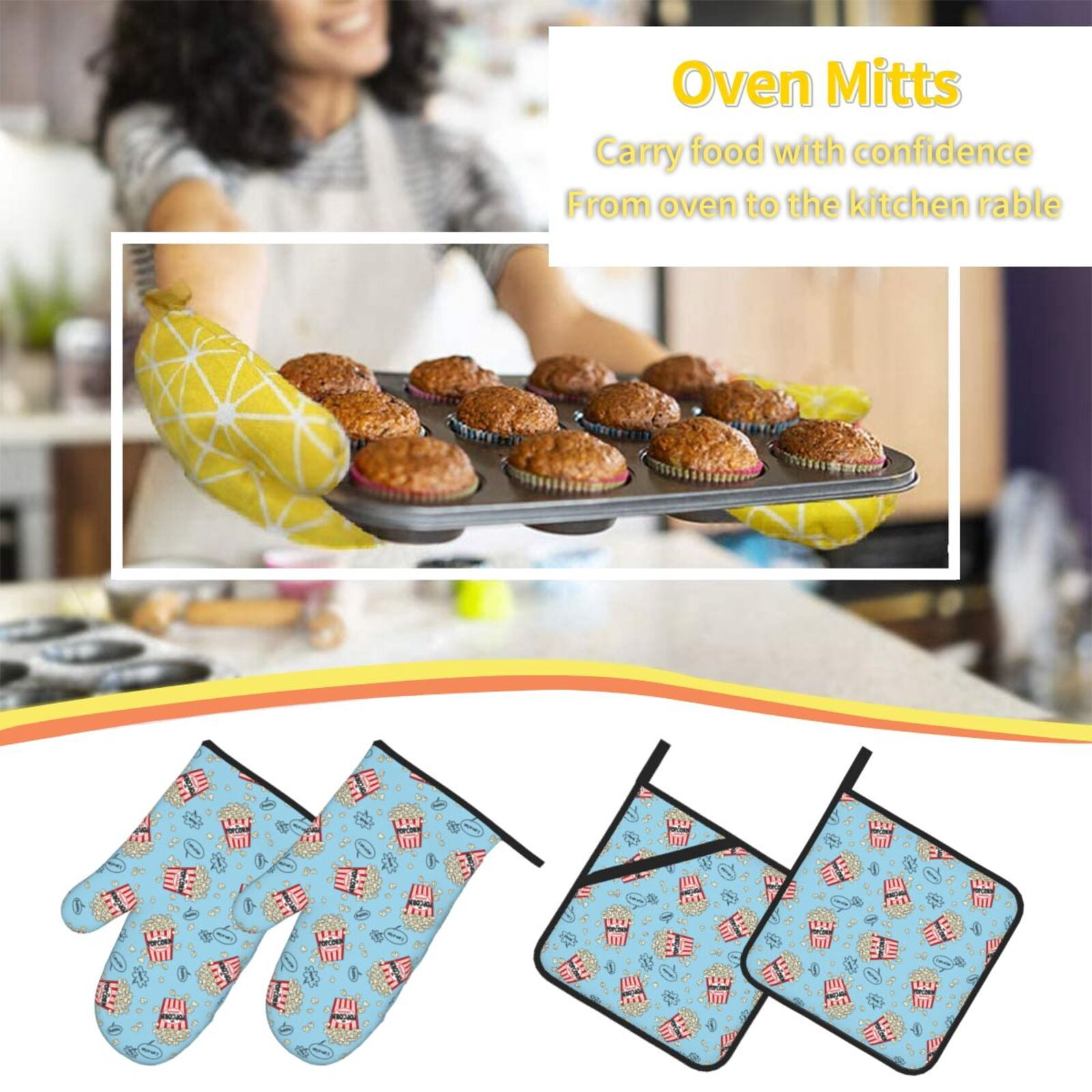 Naloa I Am A Fan Popcorn Oven Mitts and Pot Holders 4 pcs Set, Cooking Baking Grilling Kitchen Oven Glove for Cooking