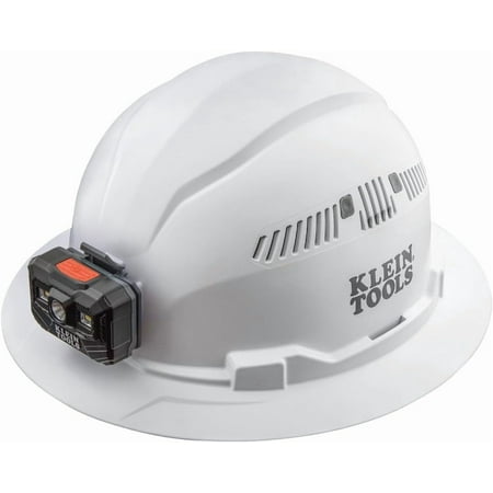 Klein Tools 60407RL Hard Hat, Rechargeable Headlamp, Vented, Full Brim Style, Padded Self-Wicking Odor-Resistant Sweatband, White