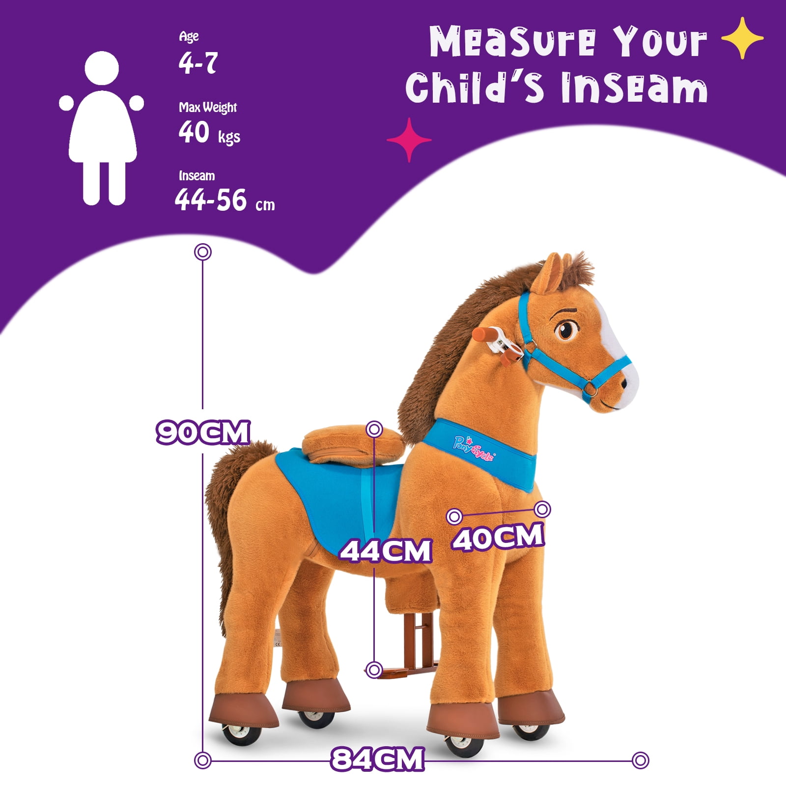 PonyCycle Kid-Powered Ride-On Horse Toy, No Battery, Hand Brake, Ages 4–7, Brown, E437