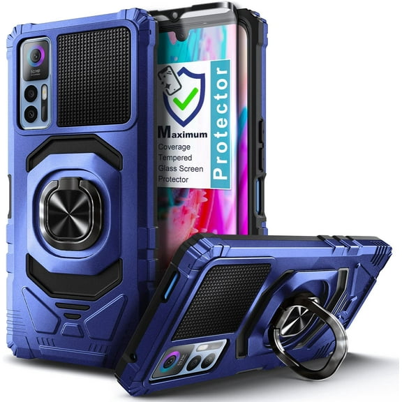 Nagebee Phone Case Compatible for TCL 30 5G with Tempered Glass Screen Protector (Full Coverage), Full-Body Protective [Military-Grade], Magnetic Car Mount Ring Holder Heavy-Duty Case (Blue)