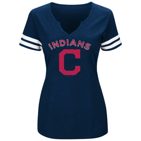 - Women's Majestic Navy/White Cleveland Indians Decisive Moment V-Notch T-Shirt