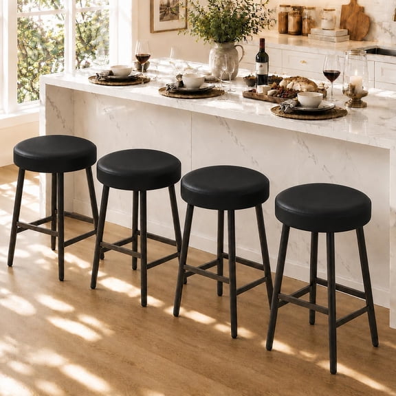 26" Counter Height Barstools Set of 4, Backless Kitchen Island Stool | Sturdy Metal Legs and Footrest, Modern Rustic Upholstered Wider Round Seating for Dining Room, Breakfast Bar