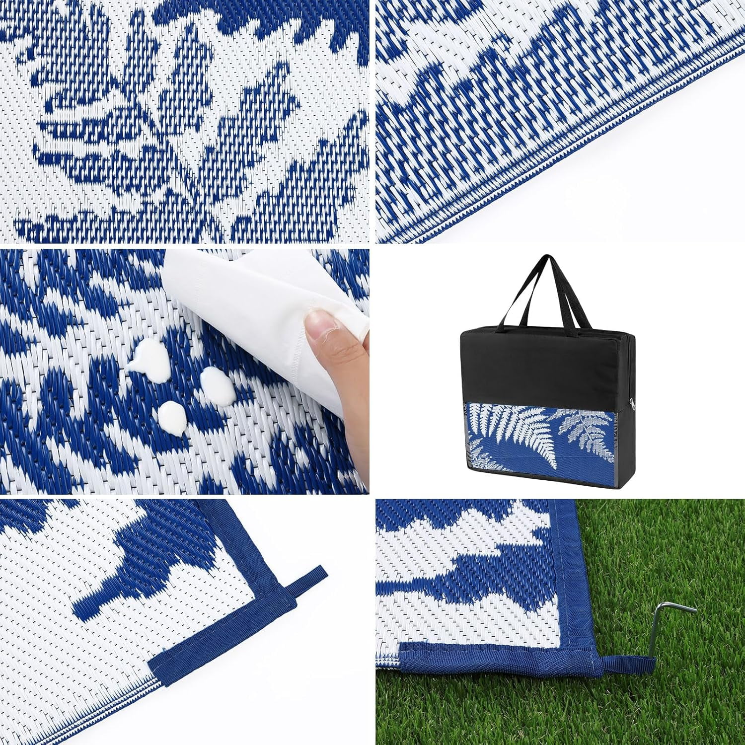 9'x12' Outdoor Rugs for Patios, Yamaziot Patio Rug RV Mat, Waterproof Reversible Plastic Straw Camping Rug for Deck Porch Balcony Blue Beach Blanket