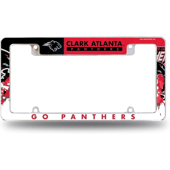 Clark Atlanta University Panthers Metal License Plate Frame Tag Cover, All Over Design, EZ View, Heavy Duty, 12x6 Inch