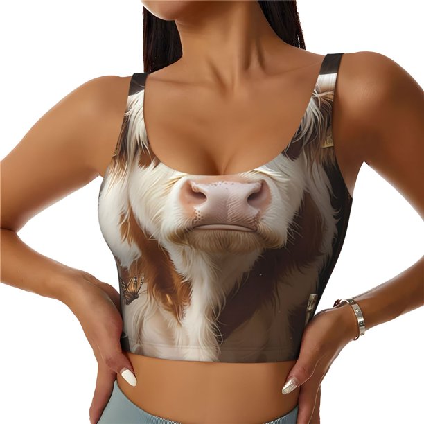 Balery Cow With Butterflies Sujetadores deportivos con espalda cruzada para mujer, acolchados, sin costuras, de alto impacto, ideales para yoga, gimnasio, entrenamiento y fitness.-Large